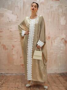 SHEIN Clasi Vestido maxi para Ramadán con mangas acampanadas, encaje decorativo y estampado de lámina dorada, cómodo y suelto, para mujer de talla grande