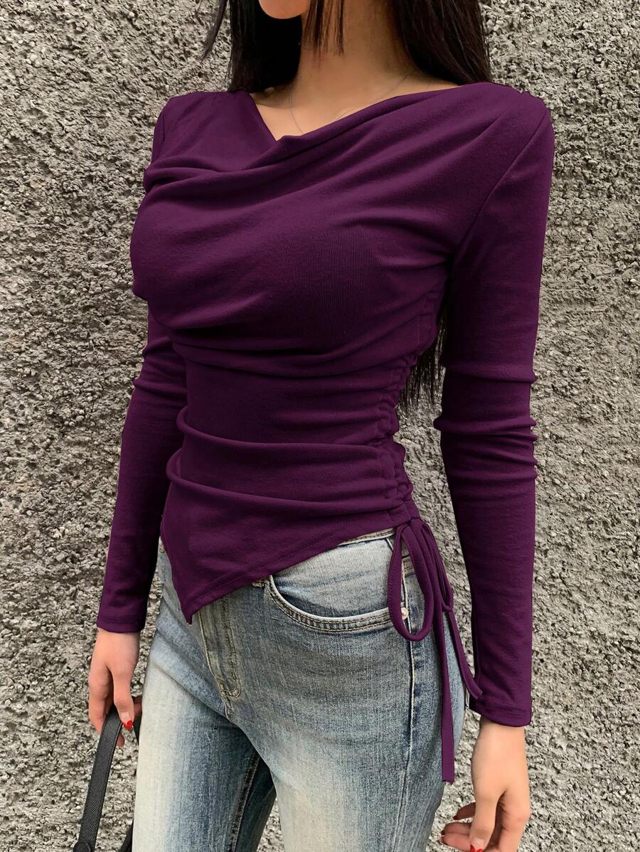 DAZY Women Plain Scoop Neck Long Sleeve Side Drawstring Casual T-Shirt - Purple - View 1