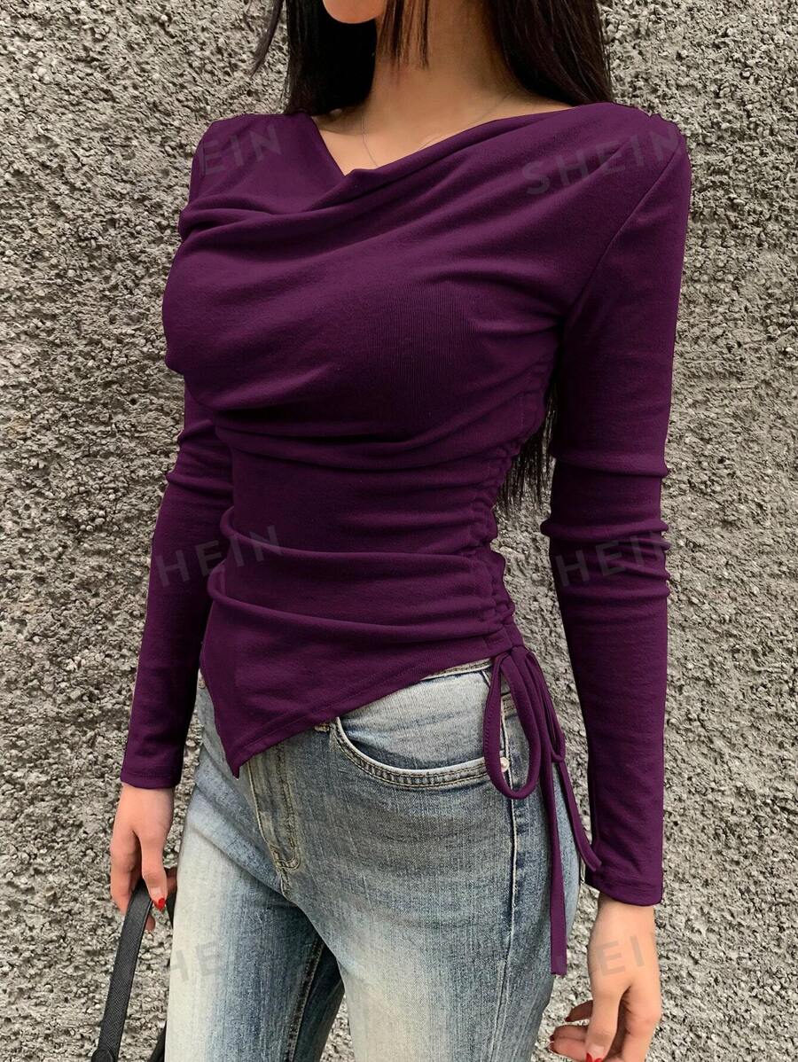 DAZY Damen einfaches Rundhals Langarm Lässig T-Shirt mit seitlichem Kordelzug - Violett - Übersicht 1