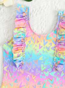 SHEIN Young Girls Cute Ruffled Tropical Floral Print One-Piece Swimsuit, Tie Dye Pink Beachwear, Swimming, Beach Wear Summer Holiday - Multicolor - View 4