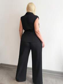 SHEIN SXY Plus Size Women's Black Padded Shoulder Tie-Waist Slim Fit Sleeveless Blazer Vest And Black Straight Leg Pants Suit Set, Suitable For Fall & Winter, White Christmas Eve Costume Party, Date Night, Birthday, Bachelorette Party Outfit, Cute, Casual, Shopping, Streetwear, Going Out, Easy To Match & Looks Slim, Accent Your Body, Flatter The Figure - Black - View 2