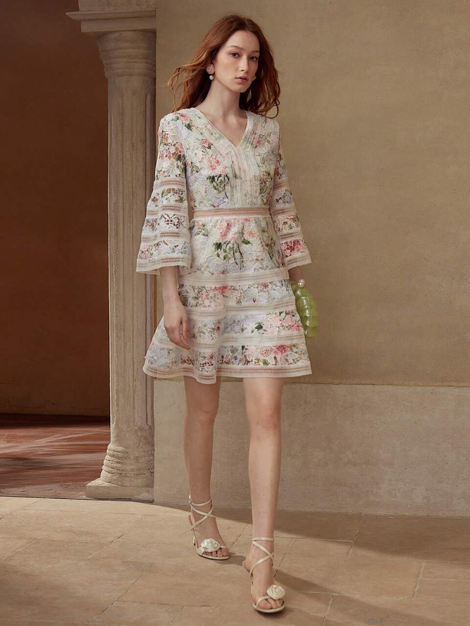 FLORAL PRINT CONTRAST GUIPURE LACE DRESS