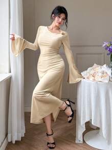 DAZY 优雅不对称领口喇叭袖连衣裙，女士舞会礼服，秋季服装长袖连衣裙 - 米色 - 查看 4
