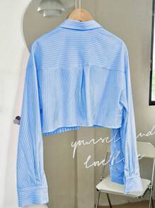 SHEIN Unity Casual Striped Patchwork 3D Pocket Button-Down Long Sleeve Shirt Fall Cloth For Women - Baby Blue - View 2