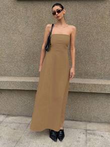 DAZY Solid Sleeveless Dress, Elegant Long Dress For Women, Suitable For Spring And Summer Vacation Sundress Linen - Khaki - View 4