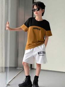 SHEIN Mirajuku Toddler Boys (Plus Size) City Letter Print Colorblock Round Neck Casual T-Shirt, Spring/Summer - Multicolor - View 8