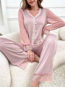 2pcs Women V-Neck Lace Romantic Pajama Set - Dusty Pink - View 1