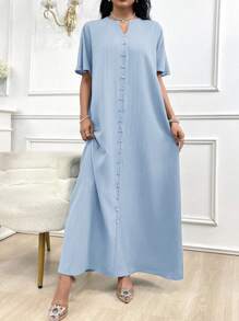 Al Najma 女士纯色 V 领短袖纽扣阿拉伯长裙