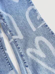 SHEIN Teen Girls' Y2K Light Washed Heart Print High Stretchy Low Rised Denim Flare Jeans,Girls Summer Beach Boho Holiday,Concert Rave Festival Graduation Outfits