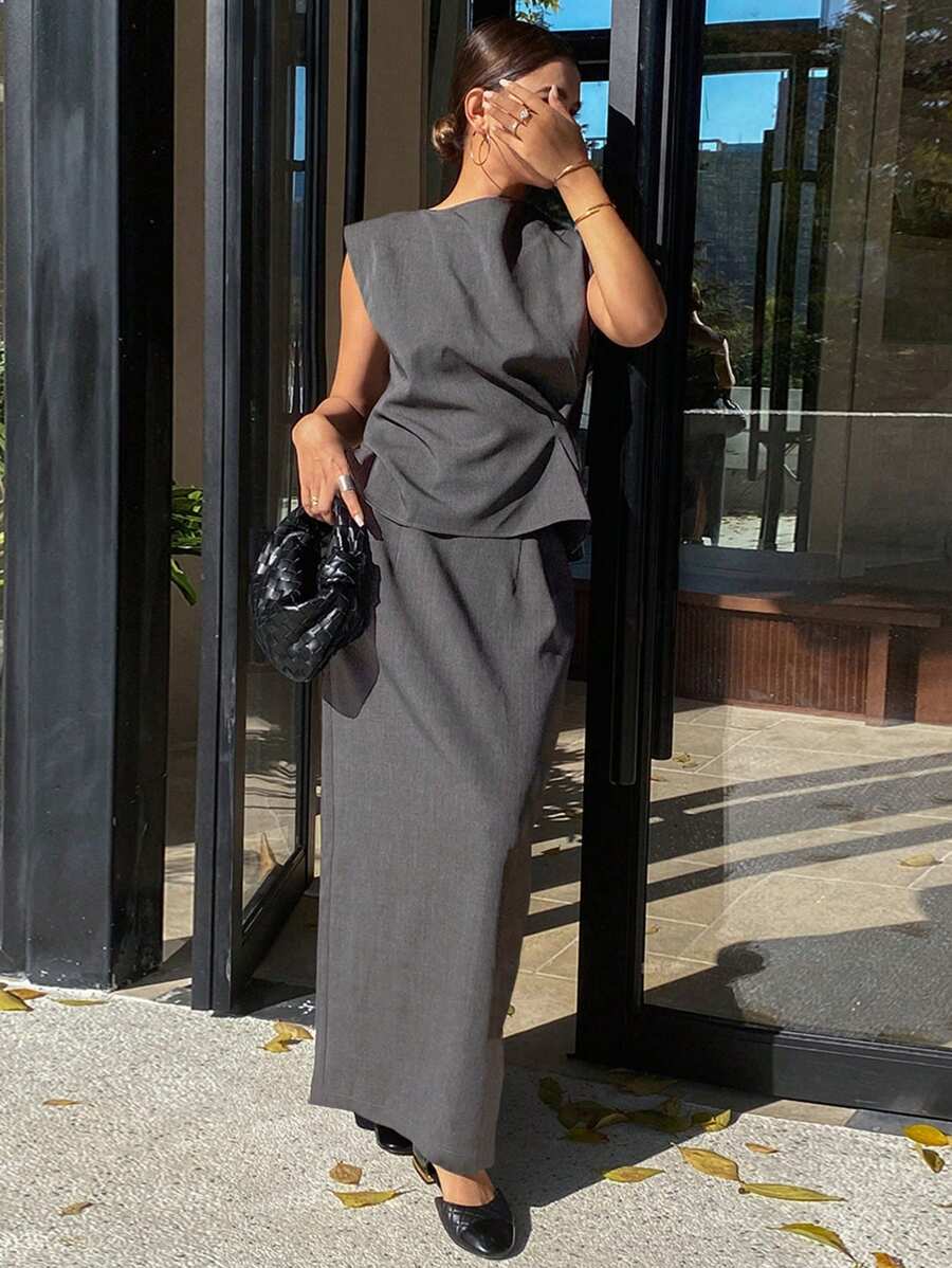 Livesso Old Money Casual Solid Color Pleated Tank Top + Long Skirt 2pcs Set For Women,Fall Clothes - Grey - View 1