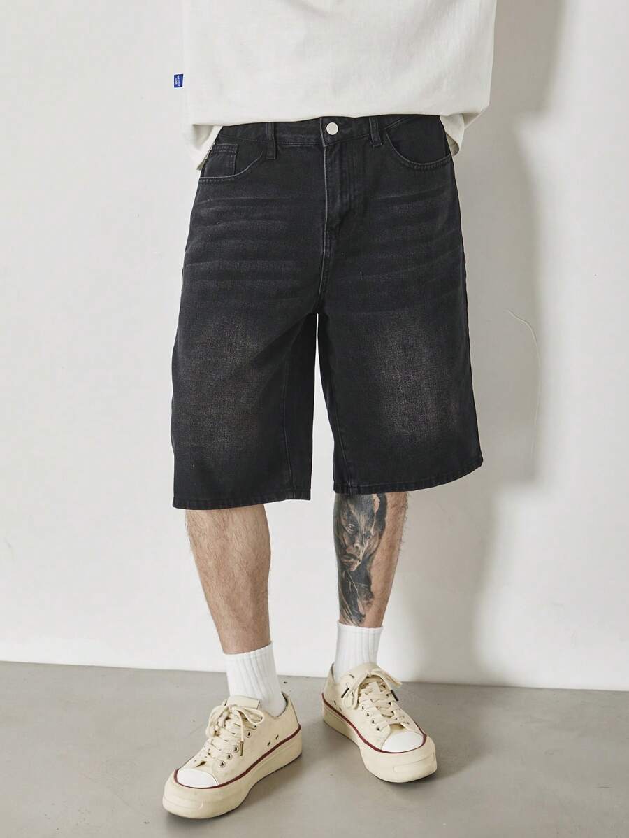 Claim Dot 男士黑色水洗宽松休闲牛仔短裤，都市休闲风格 - 黑色 - 查看 1