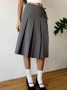 SHEIN EZwear 纯色蝴蝶结百褶裙，夏季女士度假外出日常穿着音乐节，简约通勤极简主义风格。 - 灰色 - 查看 5