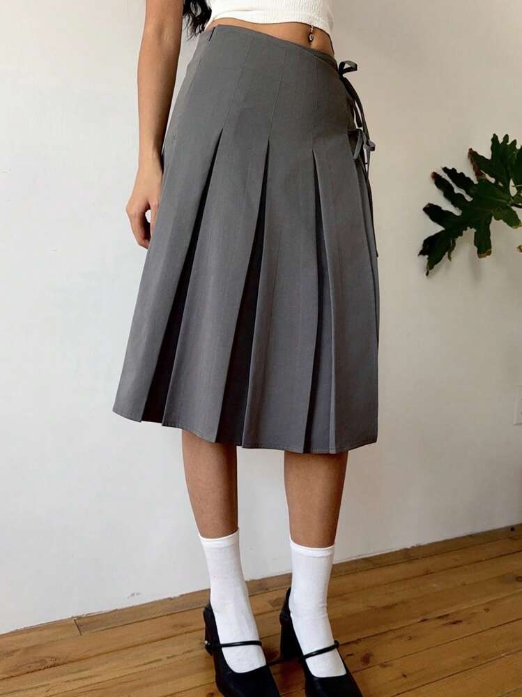 SHEIN EZwear Solid Color Bow Pleated Skirt, Summer For Women Vacation Going Out Everyday Wear Music Festival , Old Money Simple Commute Minimalist Office Old Money Simple - Grey - View 5