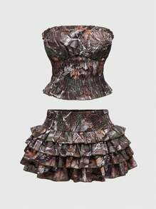 ROMWE J-Fashion Y2K Vintage Leaf Camo Full Print Cropped Tube Top And Mini Skirt 2pcs Set - Multicolor - View 1