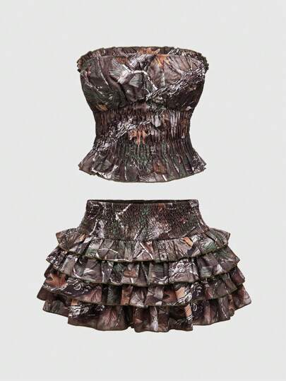 J-Fashion Y2K Vintage Leaf Camo Full Print Cropped Tube Top And Mini Skirt 2pcs Set
