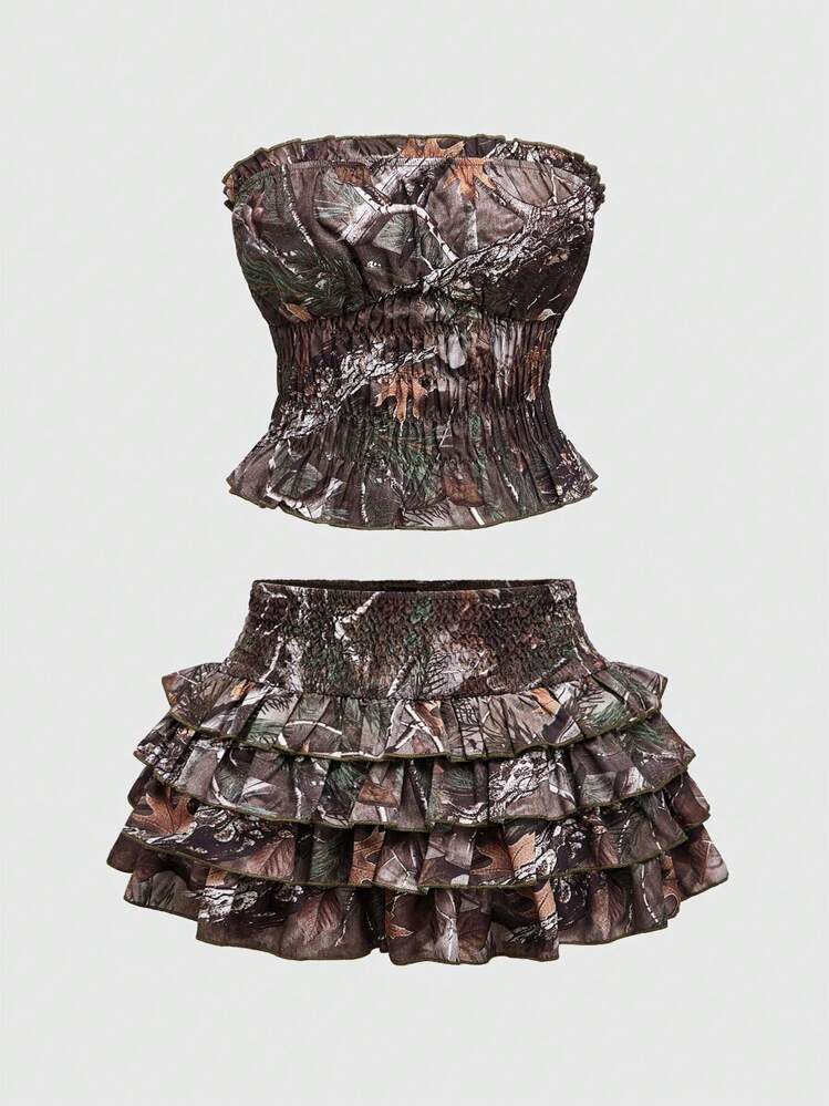 ROMWE J-Fashion Y2K Vintage Leaf Camo Full Print Cropped Tube Top And Mini Skirt 2pcs Set - Multicolor - View 1