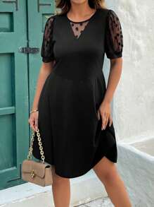 SHEIN Clasi Plus Size Solid Color Polka Dot V-Neck Sheer Puff Sleeve High Waist Dress,Vacation Outfits Woman,Summer Outfits For Women,Business Casual Woman,Going Out Tops Women ,Office Wear Women,Spring Outfits For Women,Festival ,Old Money, Elegant Woman Clothing,Modesty Clothes Women ,Suitable For Everyday Elegant Wear