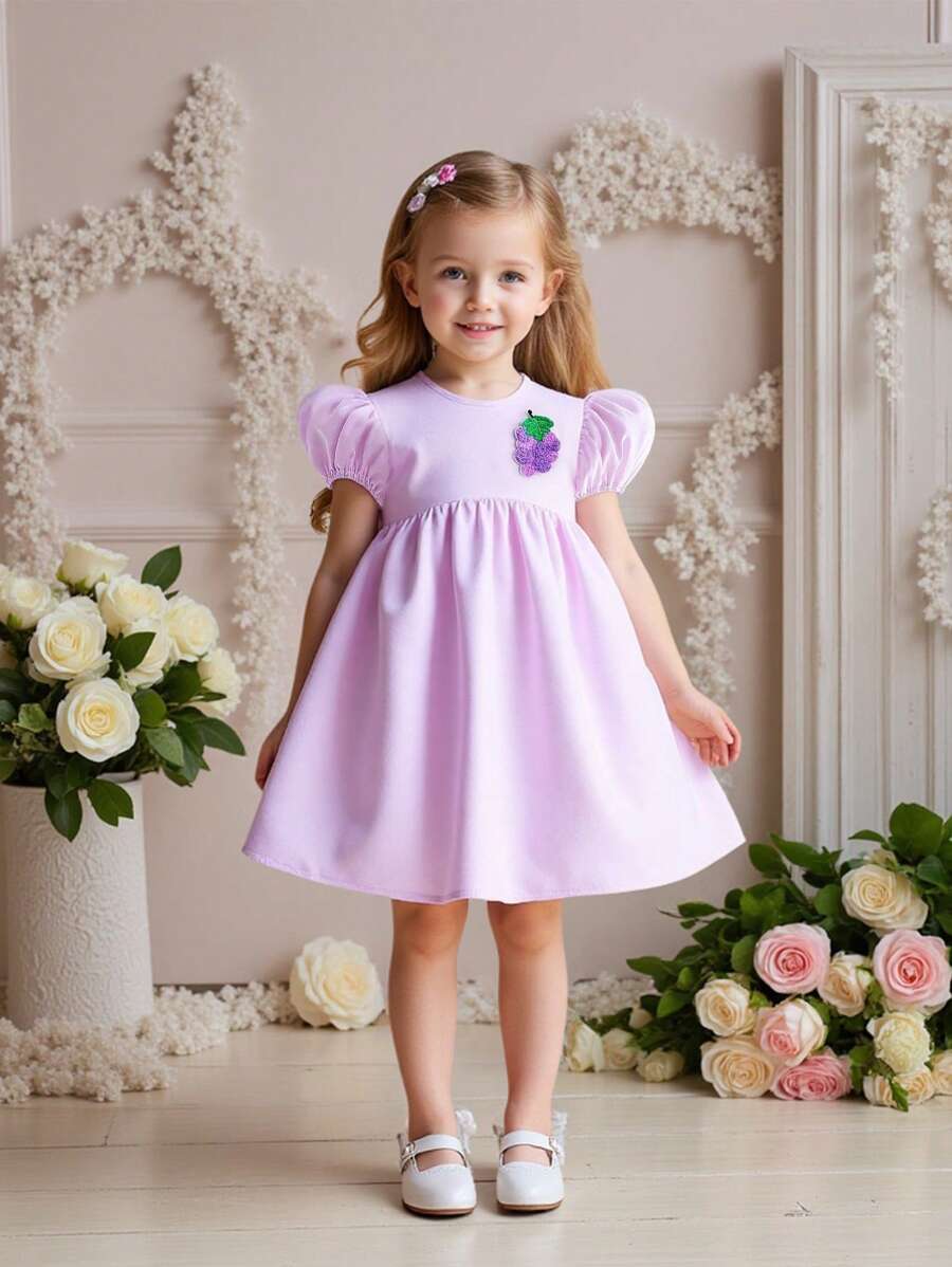 Young Girl Summer Grape Graphic Solid Color Round Neck Puff Sleeve Bubble Hem Dress - Purple - View 1