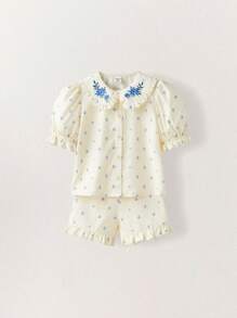 SHEIN Leap Crew Young Girls Cute Floral Embroidered Collar Ruffle Trim Shirt And Ruffle Hem Shorts Set - Multicolor - View 3