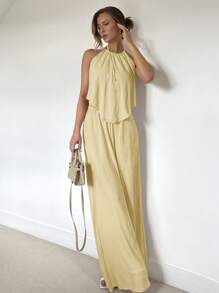 Siren Gaze Spring & Summer Pleated Halter Cut-Out Maxi 2 Pieces Set,Butter Yellow,Summer Sets Casual - Yellow - View 4