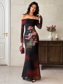 EastFlair 中国风扎染印花露肩复古连衣裙，适合女性，休闲短裙，夏季女装，生日女装，优雅礼服 - 紅色和黑色 - 查看 2