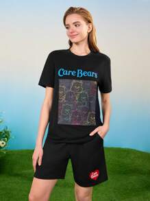 SHEIN X Care Bears 男式中性休闲针织霓虹条纹和熊印花黑色 T 恤和黑色短裤 2 件套 - 黑色 - 查看 4
