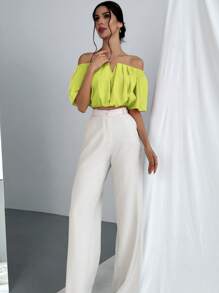 Aloruh Elegantes V-Ausschnitt Pendlerhemd mit freier Schulter, tailliert, kurz - Gelb - Übersicht 3