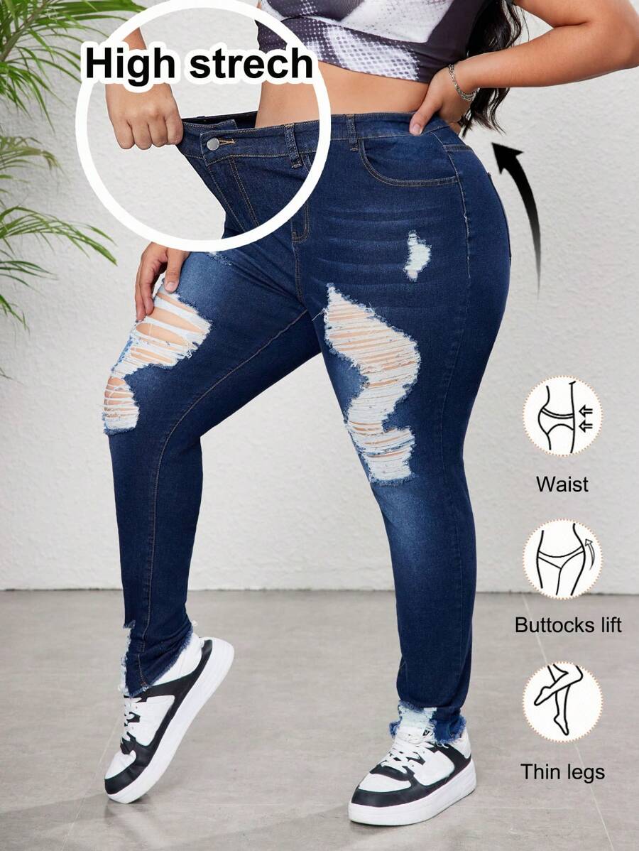 SHEIN CURVE+ سراويل جينز ممزقة كبيرة الحجم للنساء، جينز مطاطي ممزق مريح للغاية