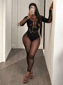 BamGleam Solid Color Round Neck Hollow Mesh Ripped Seamless Jumpsuit - Black - View 5