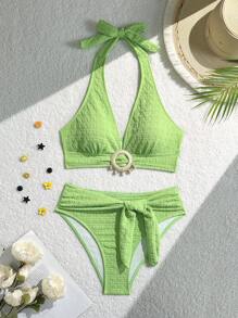 Swim Vcay Bộ đồ bơi bikini 2 mảnh gợi cảm buộc dây màu trơn cho nữ, đi biển mùa hè - Màu xanh Ô liu - Xem 3