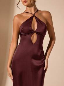 SHEIN BAE Đầm hở lưng cổ yếm thanh lịch tối giản gợi cảm màu đen trơn, thích hợp cho tiệc tốt nghiệp, dịp trang trọng, tiệc cocktail, buổi hẹn hò lãng mạn, váy cơ bản thu đông, tiệc tùng, hộp đêm, buổi họp mặt trang trọng, váy phù dâu, đi chơi đêm, váy Halloween, váy Giáng sinh, khoét sâu gợi cảm, khoét lỗ - Màu nâu Sô-cô-la - Xem 3