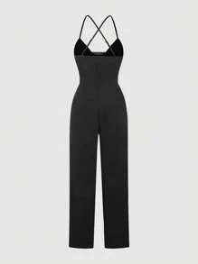 SHEIN Privé Women's Sexy V-Neck Mesh Patchwork Sling Jumpsuit, Suitable For Commuting, Elegant, Sexy, Vacation, Beach, Romantic, Date, Valentine's Day, Concert, Performance, Party, Wedding, Back To School, Business, Teacher's Day - Black - View 7
