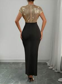 Rafferiza 女士优雅撞色无袖领口亮片连衣裙，适合派对、约会、聚会、宴会 - 黑色和金色 - 查看 2