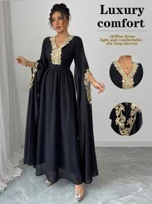 Rafferiza 女士优雅 V 领蕾丝腰 A 字型斗篷袖雪纺长裙，阿拉伯长袍时尚，优雅，斋月，日常穿着，长袍，纯色 - 黑色 - 查看 4