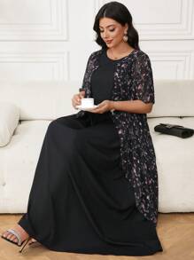 Lacomfia 2pcs/Set Plus Size Women Ditsy Floral Flowy Shirt Dress