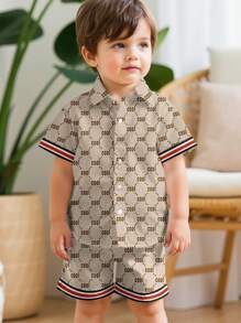 SHEIN Baby Boy Casual Classic Floral Print Shirt And Shorts Set, Soft And Comfortable, Suitable For Spring And Summer