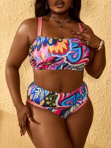 SHEIN Slayr CURVE Plus Size Tropical Green Plant Ruffled Bikini Swimwear Set - Multicolor - View 6