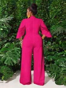 Slaydiva 大码女式性感优雅白色花朵喇叭蕾丝和网眼拼接长款连体裤，适合派对、约会、情人节 - 玫紅色 - 查看 2