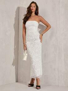 SHEIN BAE White Summer Elegant Wedding Guest Women Party Sleeveless Lace Patchwork Bow Back Slim Mesh Embroidery Long Dress For Cocktail Formal Event - White - View 4