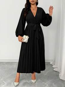 Elenzga Women's Elegant V-Neck Ruched Waist Long Sleeve Solid Color Plus Size Jumpsuit - Black - View 3