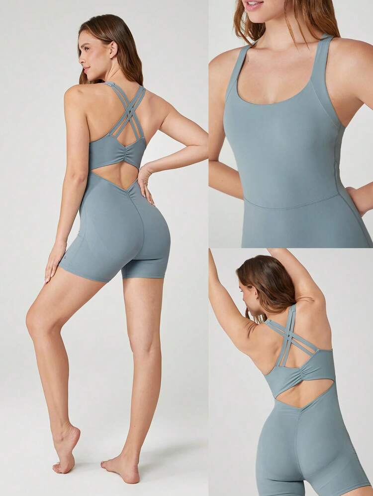 4.3" FeatherFit™-Air Cutout Booty-Lifting Ruch Back Crisscross Straps Romper Bodysuit Jumpsuit Low Impact Yoga Pilates Daily Removable Cups