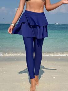 Swim Mulvari Women Spring Break Conservative Full Coverage Dark Blue Two-Layer Ruffle Cake Skirt Bikini Bottom For Summer Beach Vacation - Navy Blue - View 5