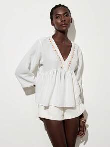 Lumivelle Blusa casual con escote en V y ribete floral, estilo de vacaciones para mujer