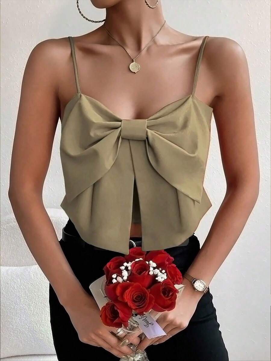Chiquease Sexy Elegant Date Bow Decor Front Solid Color Cropped Camisole, Summer - Khaki - View 1