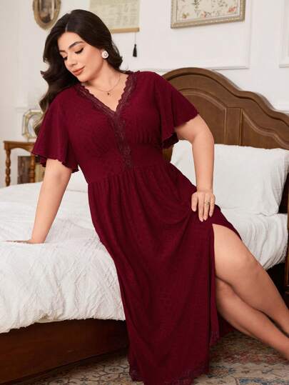 Trezura 大码女式蕾丝 V 领休闲提花束腰喇叭袖睡袍