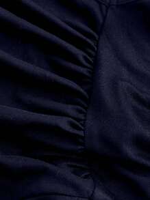 SHEIN MOD 1pc Women's Navy Pleated Wide Leg Loose Jumpsuit With Belt, Casual Style, , - Navy Blue - View 3