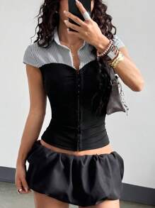 StreetHx 女士休闲条纹撞色腰短袖衬衫，适合春秋季节 - 黑與白 - 查看 1