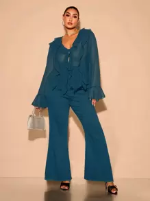 SHEIN BAE Plus Size Fall Elegant Sweet Sexy Women Blue Chiffon Ruffles Decoration Fit Long Sleeve Top Shirt Daily Wear See-Through