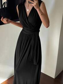 DAZY Váy không tay cổ chữ V buộc eo cho nữ, váy dài mùa hè thanh lịch, váy suông công sở cho nữ, váy trang trọng cho nữ - màu đen - Xem 3