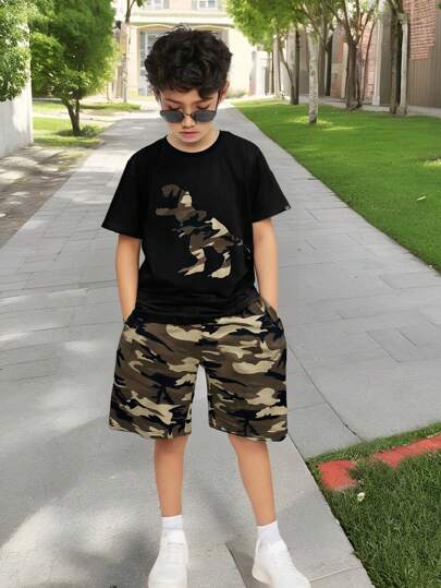 SHEIN Tween Boy Camo & Dinosaur Print Tee & Drawstring Waist Shorts